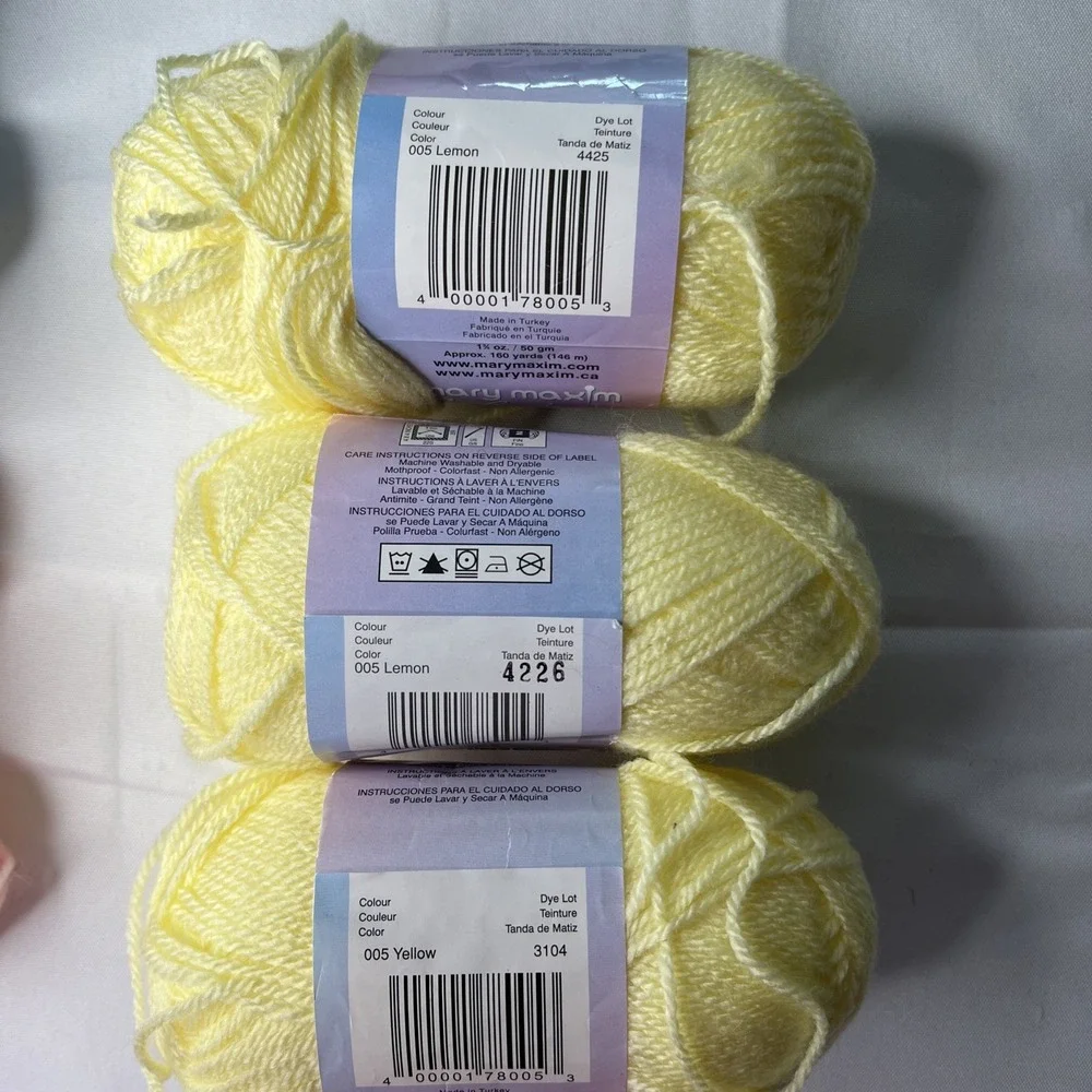 7 Mary Maxim Baby's Best Yarn Colors Blue Pink Lemon Yellow Skeins Size 2